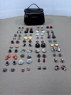 Lot of 44 Pairs Vintage Estate Clip On Earrings with Sax New York Cosmetic Bag
